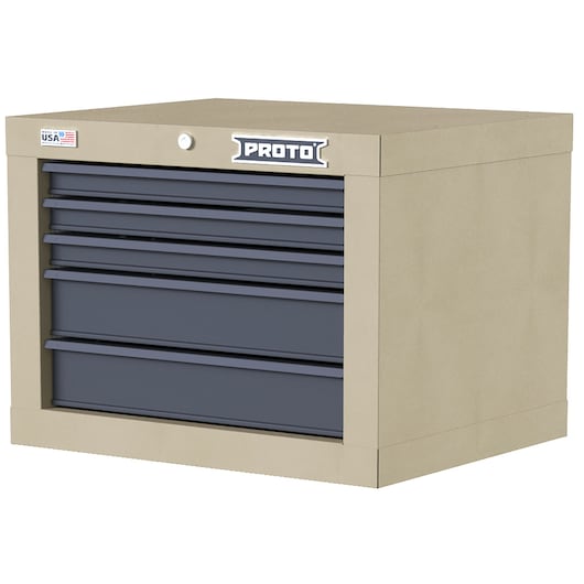 PROTO JSTV2720CS05DT tan metal tool chest with five gray drawers, front angle on white background.