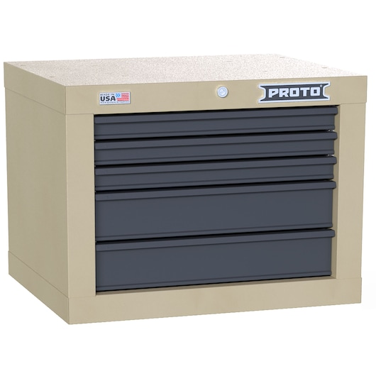 PROTO JSTV2720CS05DT beige and black steel tool chest with five drawers, angled front on white background.
