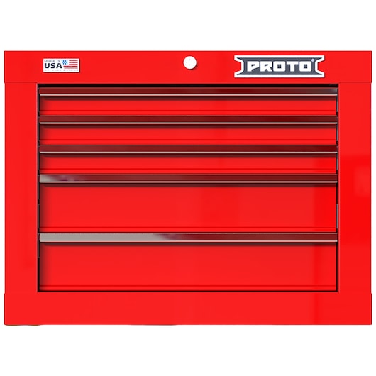 PROTO JSTV2720CS05RD red steel tool chest with seven drawers, front angle, white background.