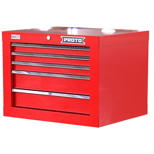 Photo of PROTO JSTV2720CS05RD red metal tool chest with five drawers, angled front view on white background.