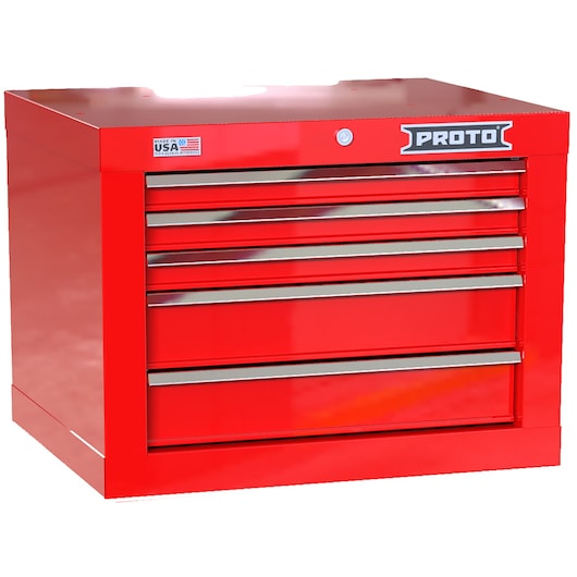 PROTO JSTV2720CS05RD red steel tool chest with five drawers, front angle on white background.