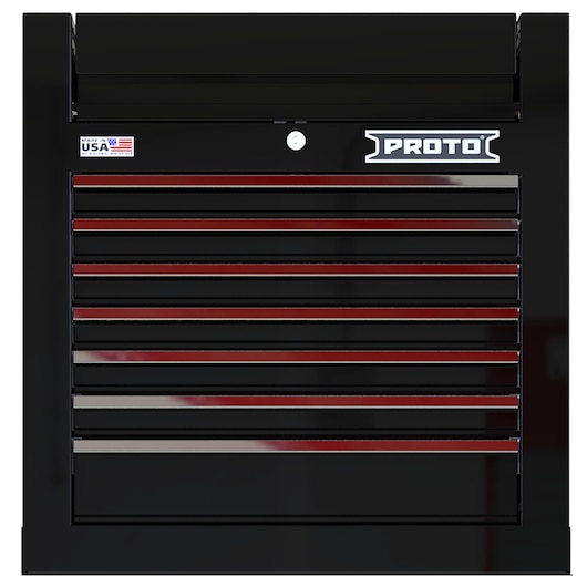 PROTO JSTV2728CS07BK black tool chest with multiple drawers, front angle, showing PROTO logo and USA flag sticker.