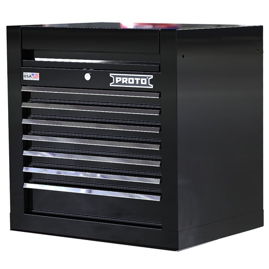 PROTO JSTV2728CS07BK black tool chest with seven drawers, angled front view on white background.