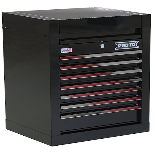 Photo of PROTO JSTV2728CS07BK black tool chest with seven drawers, angled on white background.