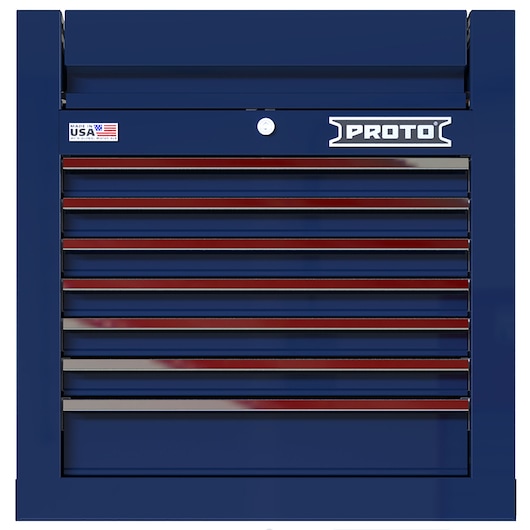 PROTO JSTV2728CS07BL blue tool chest with ten drawers, front view, silver and red drawer handles.