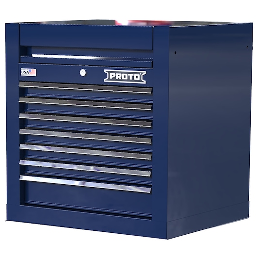 PROTO JSTV2728CS07BL blue steel tool chest with seven drawers, front angle on white background.