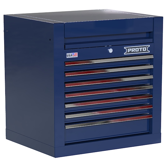 PROTO JSTV2728CS07BL blue tool chest with seven drawers, front angle, silver handles, metal construction.