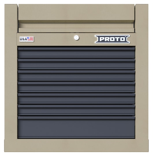 Photo of PROTO drawer tool chest JSTV2728CS07DT, beige frame with dark gray drawers, front angle, visible branding.