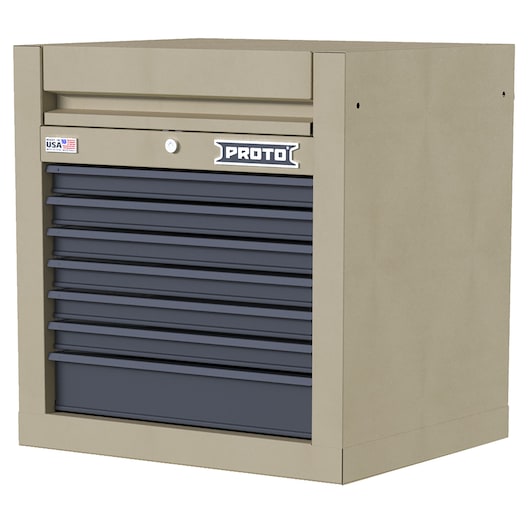 PROTO JSTV2728CS07DT beige tool chest with seven black drawers, front angle on white background.