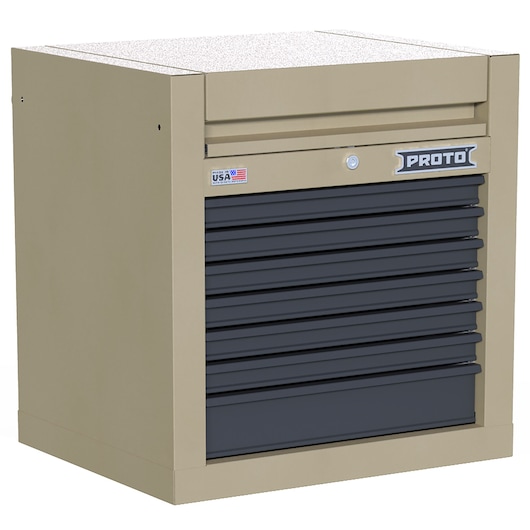 PROTO JSTV2728CS07DT tool chest, beige with seven black drawers, angled front view on white background.
