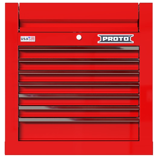 PROTO JSTV2728CS07RD red tool chest with seven drawers, front angle on white background.