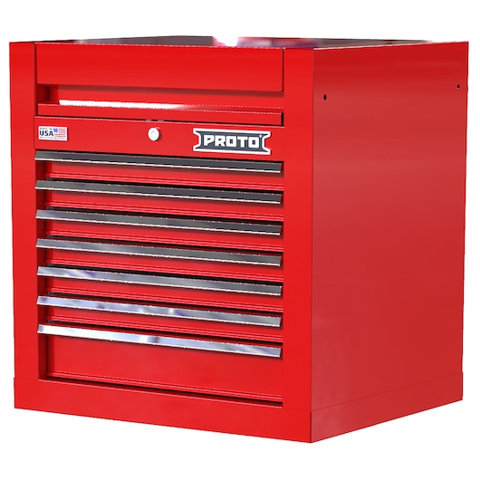 PROTO JSTV2728CS07RD red steel tool chest with eight drawers, angled front view, white background.