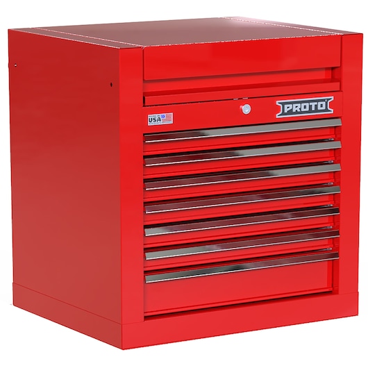 PROTO JSTV2728CS07RD red tool chest with seven drawers, angled front view, white background.