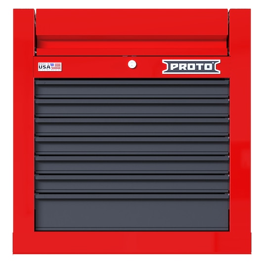 PROTO JSTV2728CS07RG red tool chest with seven gray drawers, front angle on white background.