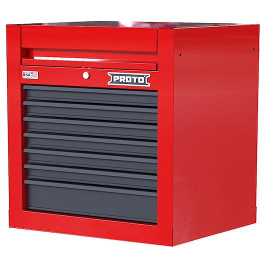 PROTO JSTV2728CS07RG red and black tool chest with seven drawers, front angle on white background.