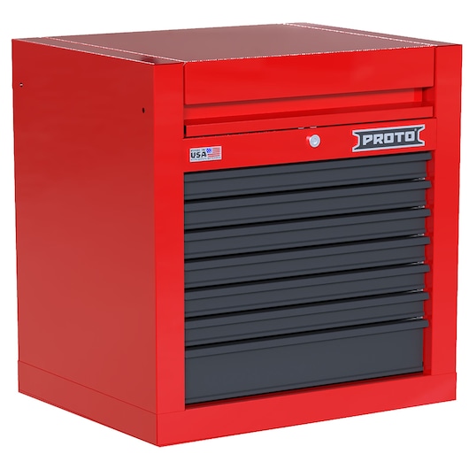 PROTO JSTV2728CS07RG red and black tool chest with seven drawers, angled front, studio photo.