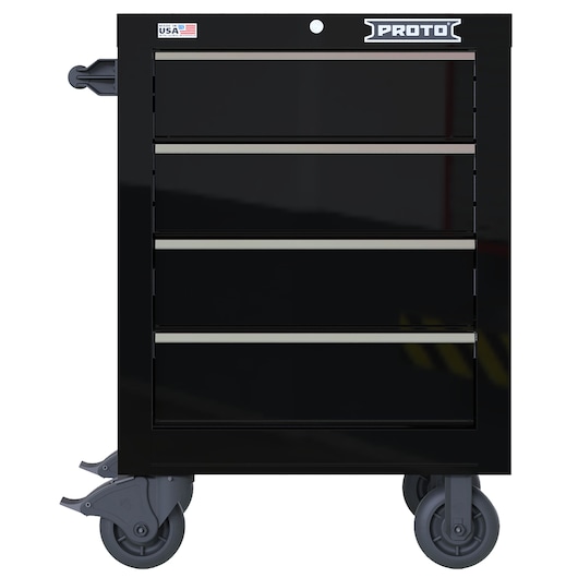 PROTO JSTV2739RS04BK black rolling tool cabinet with four drawers, side handle, and casters, front angle.
