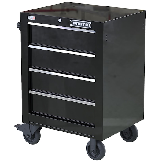 PROTO JSTV2739RS04BK black rolling tool cabinet with four drawers, front angle on white background.