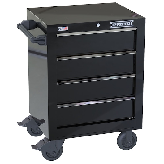 PROTO JSTV2739RS04BK black tool cart with four drawers and casters, front view on white background.