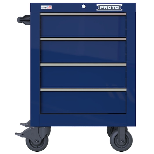 Photo of PROTO JSTV2739RS04BL blue rolling tool cabinet with four drawers, front view, white background.