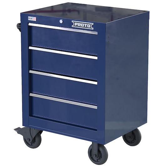PROTO JSTV2739RS04BL blue five-drawer rolling tool cabinet, side angle on white background.