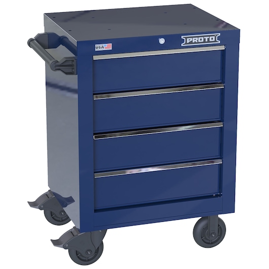 PROTO JSTV2739RS04BL blue rolling tool cabinet with four drawers, side handle, and caster wheels, front angle.