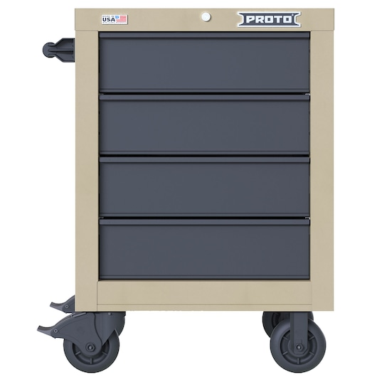 PROTO JSTV2739RS04DT beige and black rolling tool cabinet with four drawers, front angle, white background.