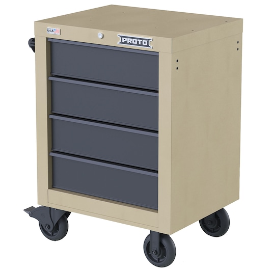 PROTO JSTV2739RS04DT beige rolling tool cabinet with four black drawers, shown at front angle on white background.