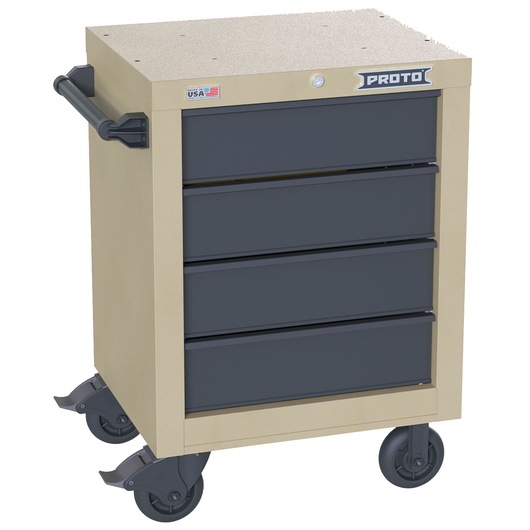 PROTO rolling tool cabinet JSTV2739RS04DT, beige body, black four drawers, side handle, casters, front angle, white background.