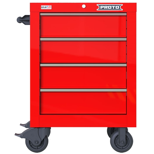 PROTO JSTV2739RS04RD red rolling tool cabinet with four drawers, front angle, white background.