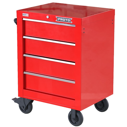 PROTO JSTV2739RS04RD red rolling tool cabinet with four drawers, front angle view, white background.