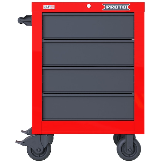 PROTO JSTV2739RS04RG red and black rolling tool cabinet with four drawers, front angle, white background.