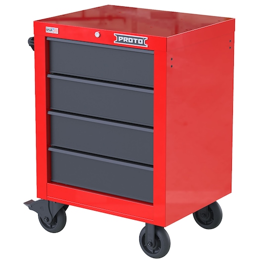 PROTO red rolling tool cabinet with four black drawers, SKU JSTV2739RS04RG, front angle, white background.