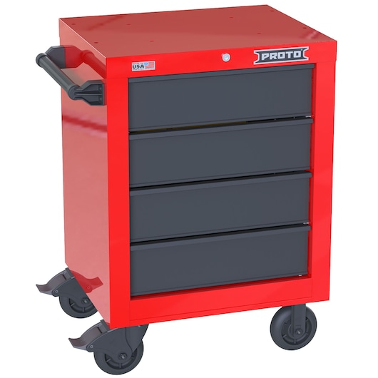 PROTO JSTV2739RS04RG red and black tool chest with four drawers and caster wheels, side handle, front angle.