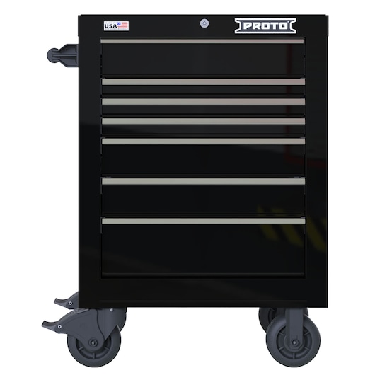 PROTO JSTV2739RS07BK black tool chest with seven drawers, front view on white background, large casters.