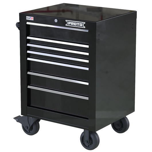 PROTO JSTV2739RS07BK black tool chest with seven drawers and caster wheels, front angle, white background.
