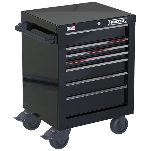 PROTO JSTV2739RS07BK black rolling tool cabinet with handle, five drawers, and four caster wheels, front angle.