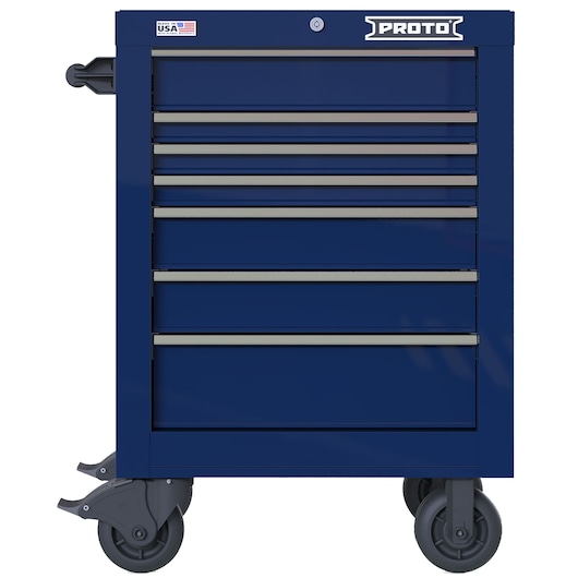 PROTO JSTV2739RS07BL blue rolling tool cabinet with seven drawers, front angle, white background.