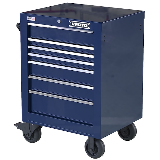 PROTO JSTV2739RS07BL blue rolling tool cabinet with seven drawers, lock, and casters, front angle on white background.