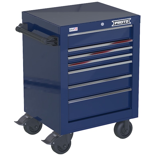 PROTO JSTV2739RS07BL blue rolling tool cabinet with seven drawers, side handle, and four caster wheels, front angle.