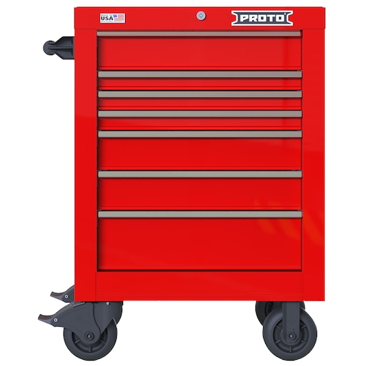 PROTO JSTV2739RS07RD red rolling tool cabinet with seven drawers, front angle on white background.