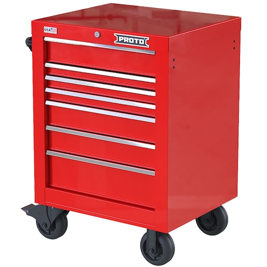 PROTO JSTV2739RS07RD red rolling tool cabinet with seven drawers and caster wheels, front angle on white background.
