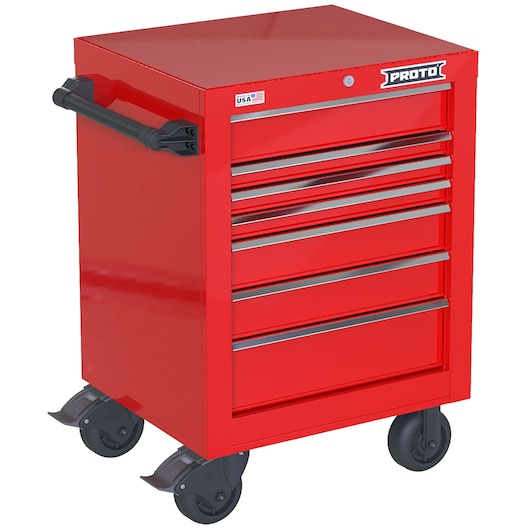 PROTO JSTV2739RS07RD red rolling tool cabinet with seven drawers and handle, angled view, white background.