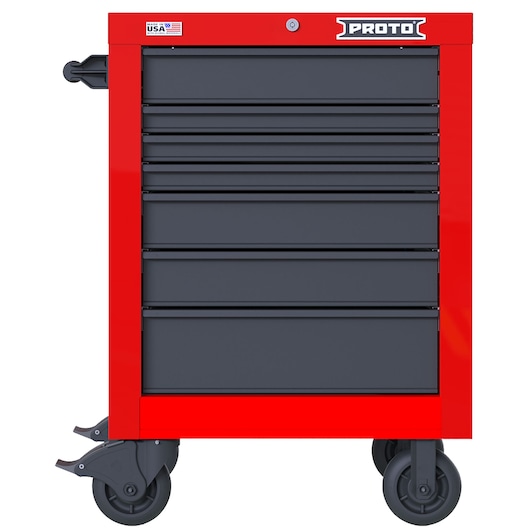 PROTO JSTV2739RS07RG red rolling tool chest with seven black drawers, front view on white background.