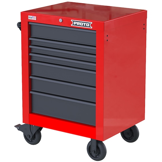 PROTO JSTV2739RS07RG red steel rolling tool cabinet with six black drawers, photographed at an angle on white background.