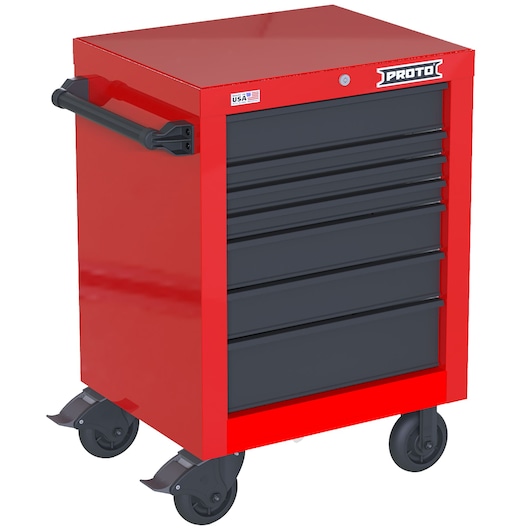 PROTO JSTV2739RS07RG red rolling tool cabinet with five black drawers, side handle, and caster wheels, front angle.