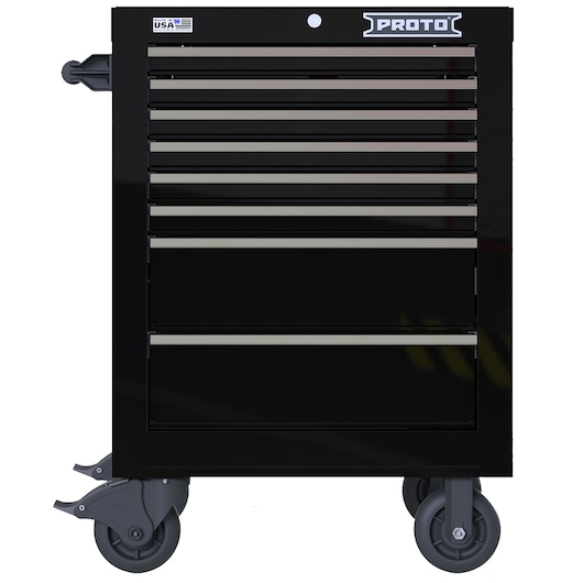 PROTO JSTV2739RS08BK black rolling tool cabinet with eight drawers, front angle, gray casters, white background.