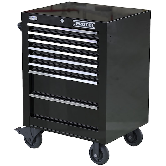PROTO JSTV2739RS08BK black rolling tool cabinet with seven drawers and lock, front angle on white background.