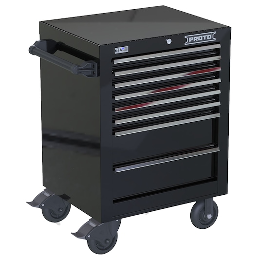 PROTO JSTV2739RS08BK black rolling tool cabinet with seven drawers and side handle, shown on white background.