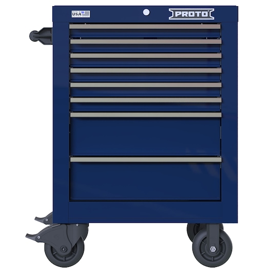 PROTO JSTV2739RS08BL blue rolling tool cabinet with seven drawers, front angle on white background.